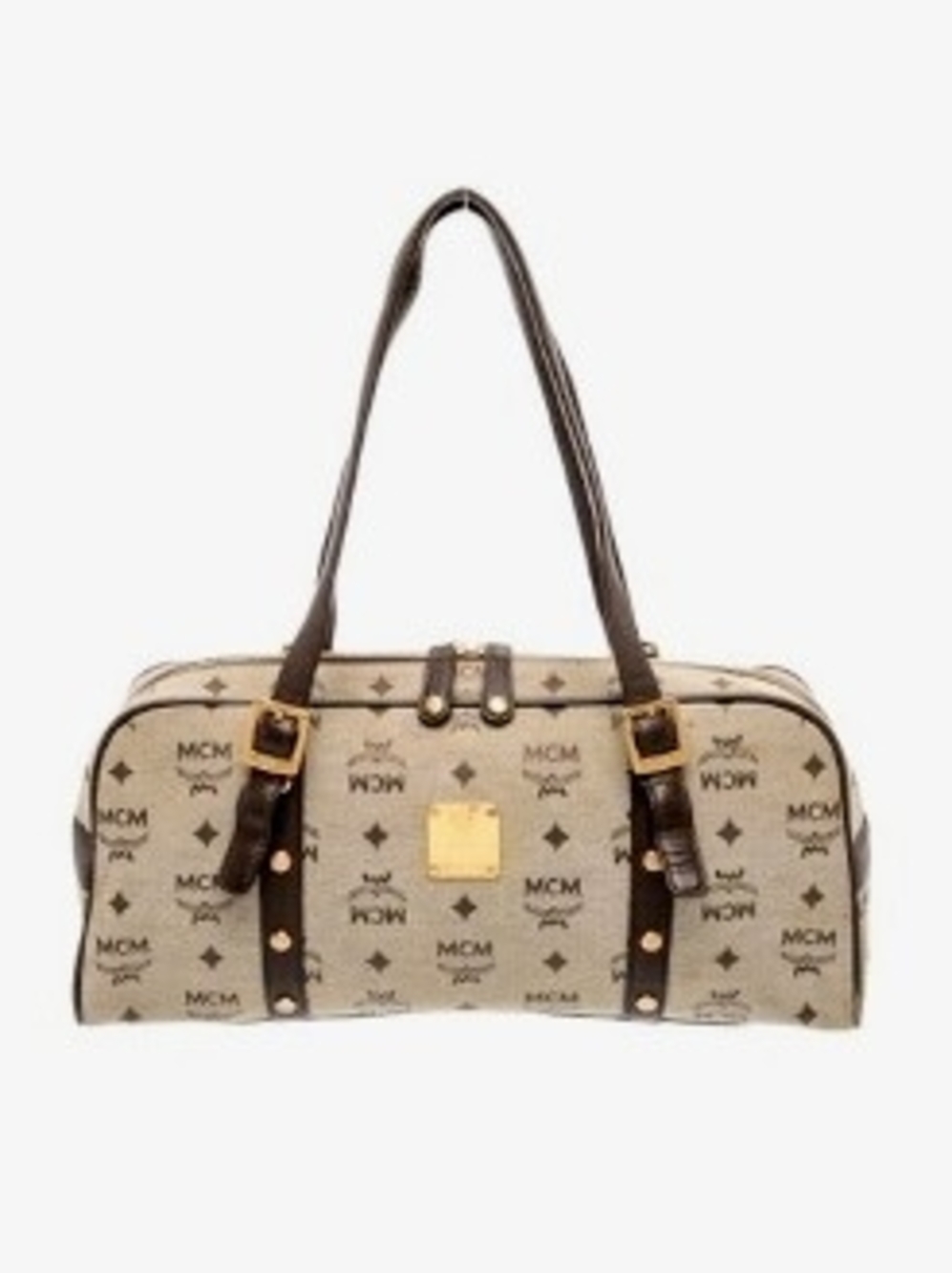 MCM Beige Monogram Satchel with Dark Brown Trim and Gold Plaque
